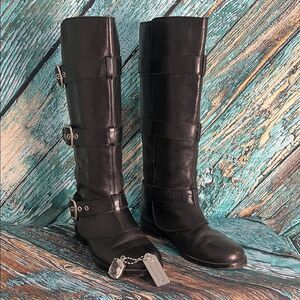 Coach Black Leather Moto Boots with Strap Details